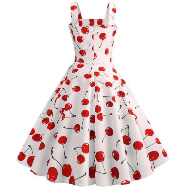 New Womens Vintage Dress Cherry Print Retro Sleeveless Dress Casual Hepburn Style Dresses Summer Mini Dresses