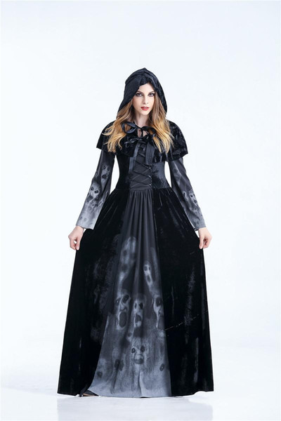 Halloween Princess Womens Fashion Designer Theme Costume Witch Vampire Long Dresses Hat Hooded Costumes Casual Apparel