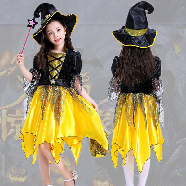 Halloween costume children's princess dress yellow fairy girl acting dress girls holiday exquisite beautiful dress set of four