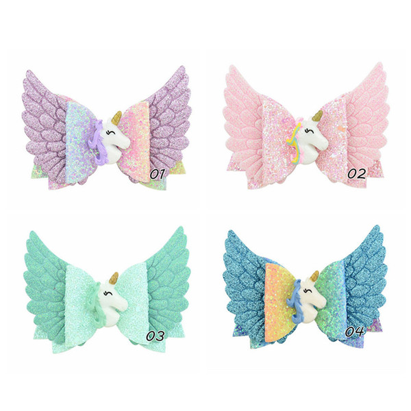 INS Kids Glitter Unicorn Bowknot Hairpin Angle Wings Princess Cartoon Rainbow Barrettes DIY Hairclip Kids Hair Clip Headwear A52701