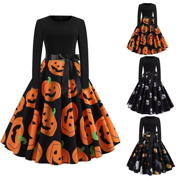 Halloween Women Brief Long Sleeve O-Neck Printing Fancy Pumpkin Dress Princess Swing Ladies Costumes for Festival Party Club Cosply