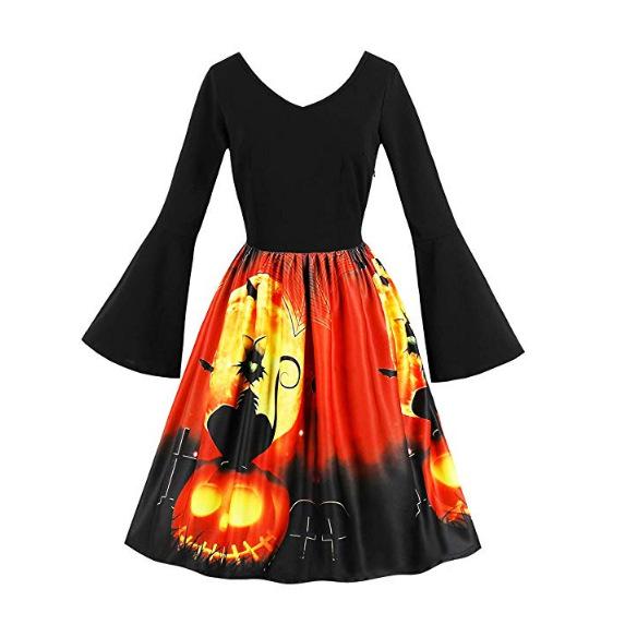 Women Long Sleeve Pumpkins Halloween Dresses Elegant Evening Prom Costume Swing Stage Show Club Trends Style Hot Sale Plus Size 5XL Dress