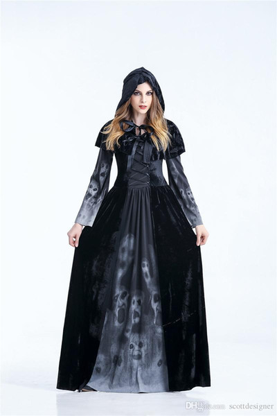 Halloween Princess Womens Fashion Designer Theme Costume Witch Vampire Long Dresses Hat Hooded Costumes Casual Apparel