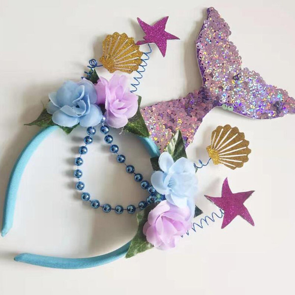 Girls Mermaid Tail Hairband Party Cosplay Hair Sticks Princess Boutique Hair Accessories Shell Flower Headbands Christmas Gifts