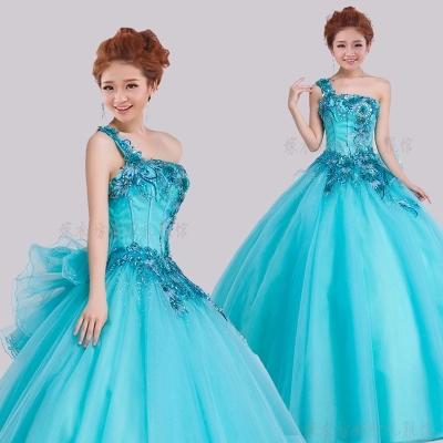 Freeship single shoudler blue big bowtie flower beading embroidery ball gown stage stuido performance dance /carnival gown