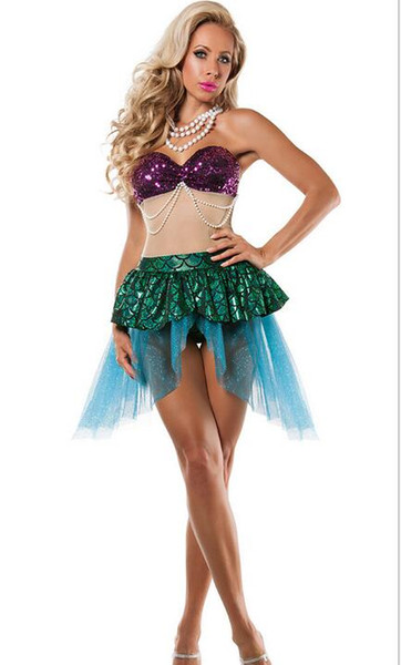 Hot Sexy Mermaid skirt Costume Halloween elf princess Blingbling cosplay Gold Mermaid Sequined Girls shell bra Malidaike DS Party dresses