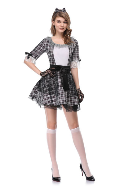 2018 new Halloween role-playing student costume Explosion models ladies ghost doll plaid dress short cute costume free post