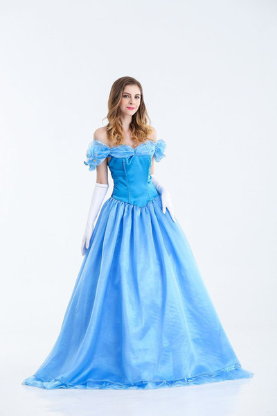 Chic Fancy Blue Two Pieces Adult's Classic Off-shoulder Princess Dress Short Sleeves Lace Layers Ball Gown For Halloween Party