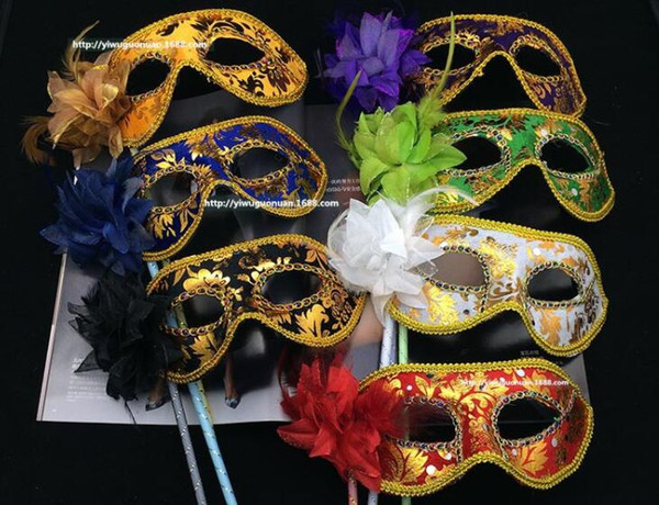 Hot Sell Hand Made Party Mask with stick Wedding Venetian Half face flower mask Halloween Masquerade princess Dance party Mask 7 color