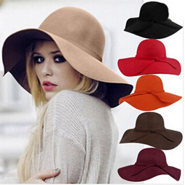 England style Retro Ladies Women outdoor sun hat Wool Felt Fedora Floppy Cloche Wide Brim hat bowknot Cap