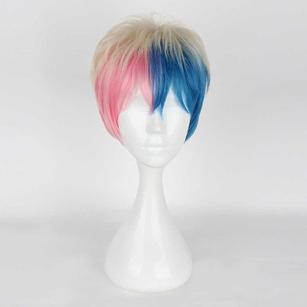 hair accessories Male Harley Quinn Cosplay Suicide Squad Harleen Quinzel Gay Men Blue and Pink Mixed Short Synthetic Hair Adult Men