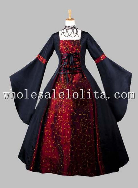 Gothic Black And Dark Red Print Kimono Sleeves Victorian Era Dress