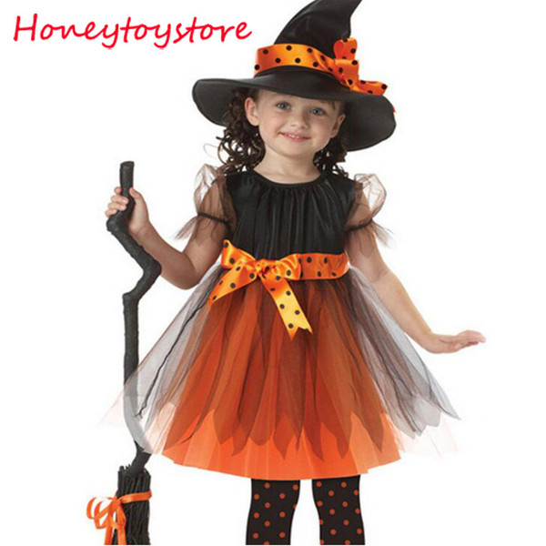 2017 New Arrival Halloween Party Children Kids Cosplay Witch Costume For Girls Halloween Costume Party Witch Dress With Hat