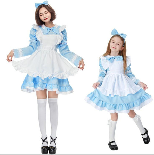 New Fancy Girls Alice In Wonderland Fantasy French Blue Light Tone Family Dress Lolita Maid Outfit Maid Costume Waiterress Maid Dress