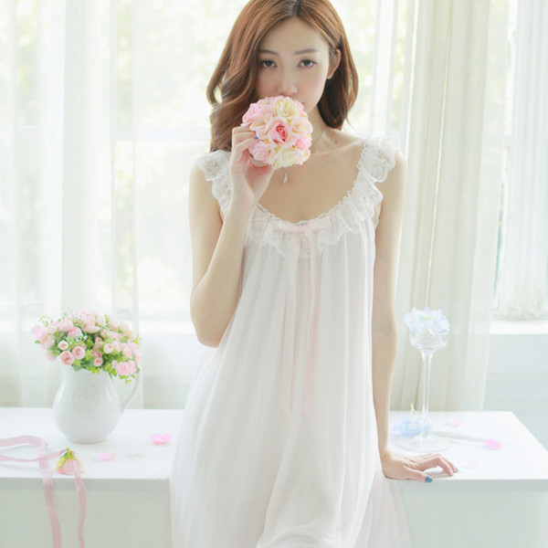 Womens Soft Elegant Long Nightgowns Female Sweet Princess Sleeping Home Dress Lady Lace Sexy White Pink Nightdress Nightclothes