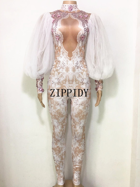 Fashion Spandex Lace Sleeves Rhinestones Jumpsuit Sexy Women's Leggings One Piece Performance Stage Costume Nightclub Outfit