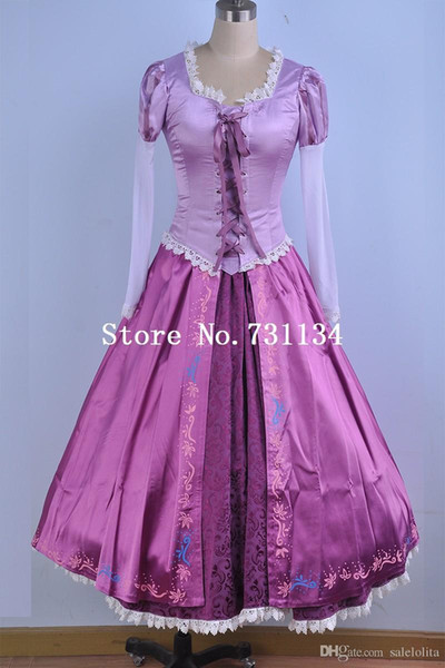 Brand New Adult Rapunzel Fancy Dress Anime Cosplay Costume Purple Princess Fairytale Tangled Printed Lace Dress For Women