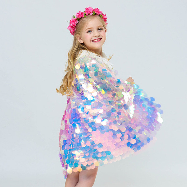 Mermaid Cape Glittering Baby Girls Princess Cloak Colorful Sequins Boutique Halloween Party Cape Costume Cosplay Props