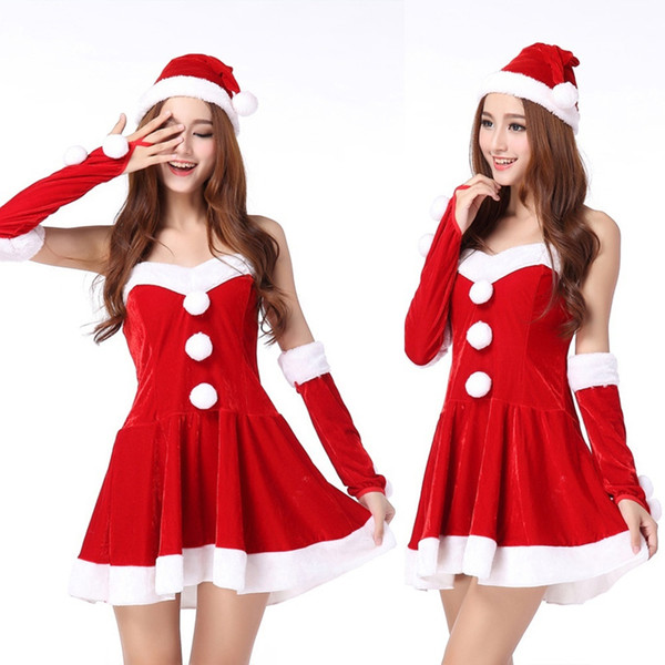 Women Christmas Costume One Piece Dress Hat Santa Claus Cosplay (Size: One Size)