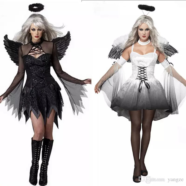 2017 Halloween Costumes For Women Fantasy Cosplay Party Fancy Dress Adult White Black Fallen Angel Costume With Angel Wings RF0095