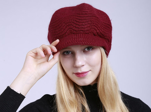 New Fashion Women's Hat Winter Skully Beanies Knitted Hats Rabbit Fur Flat Cap Pure color and velvet