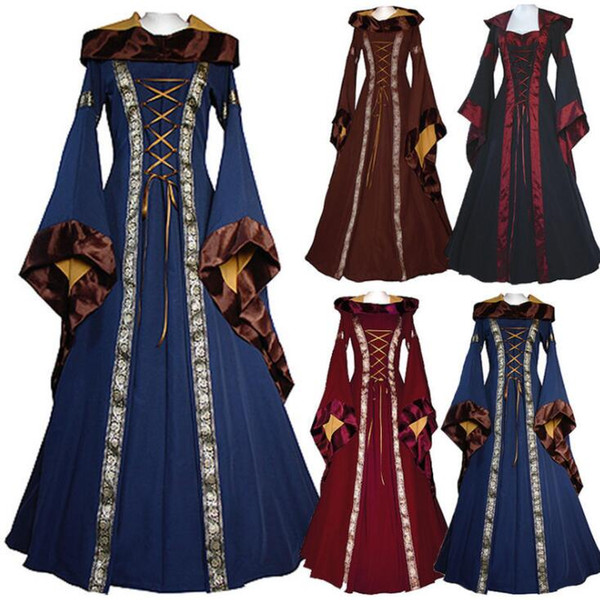 Vintage Style Gothic Dress Floor Length Women Cosplay Dresses Retro Long Medieval Dress 4 Colors S-XXL