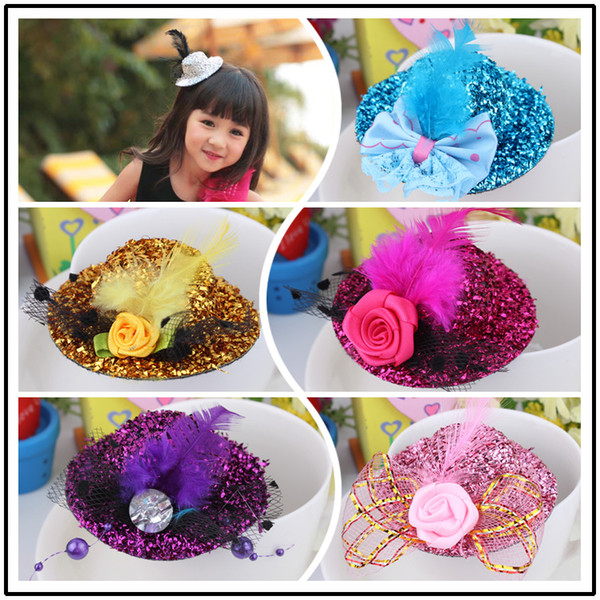 Fashion Hair Jewelry Children Girl Mini Hat Hair Clip Feather Rose Top Cap Lace fascinator Costume Accessory The bride headdress Plumed Hat