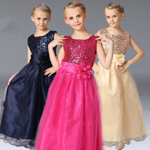 Child sequins wedding princess dress upper sequined waist beam flower dress performance fluffy dress