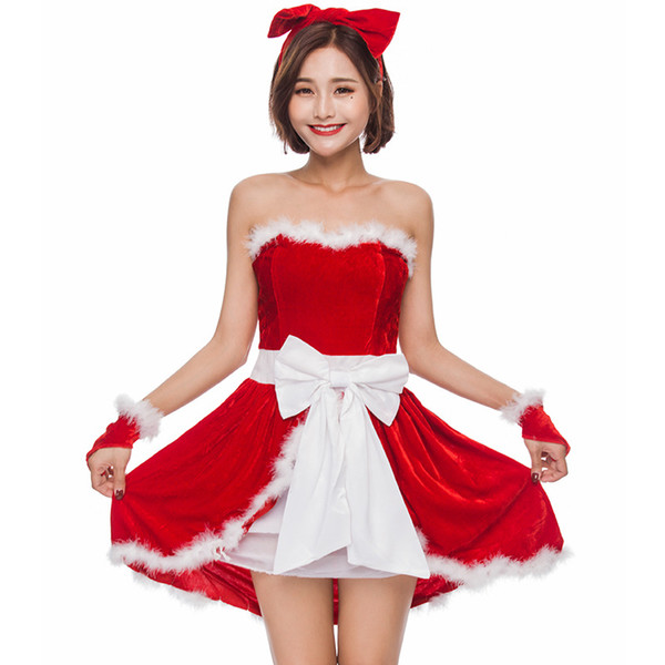 Wholesale Red Christmas costumes sleeveless Christmas gifts Christmas party girl role-playing uniform dress headwear/dress/gloves