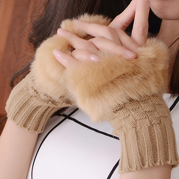 Women's winter gloves Faux rabbit fur Lengthen the wrist Half-finger solid color fashion versatile gloves 10 colors.