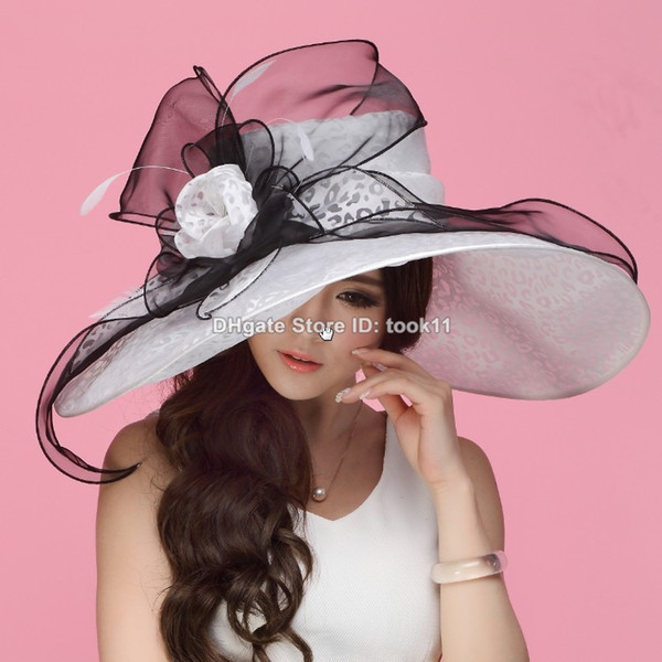 White kentucky derby hats for tea party dresses ladies church hats for black women summer sun hats organza Wedding chapeau femme wide brim