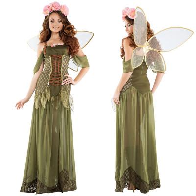 Halloween Costume Women Forest Green Elf Flower Fairy Princess Angel Costume Halloween Party Cosplay Dress