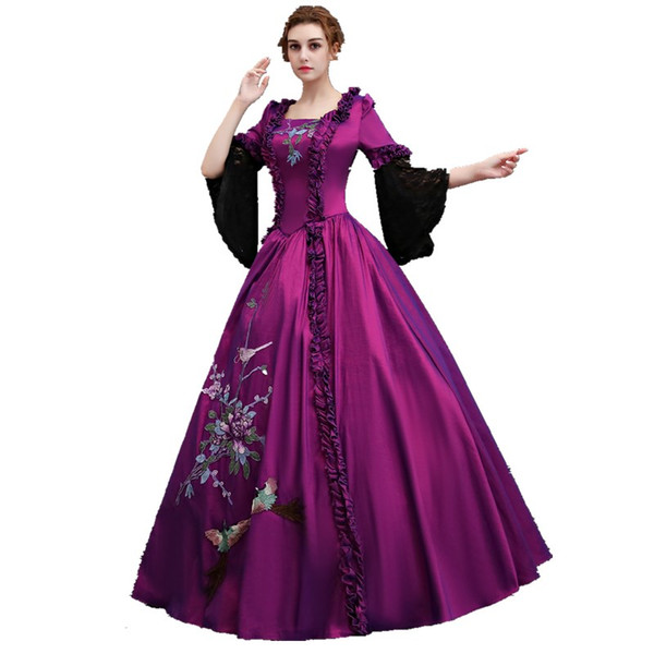 Freeship 100%real carnival flower embroidery court medieval dress renaissance Gown queen Victorian /Marie/ Belle Ball/stage/ball gown