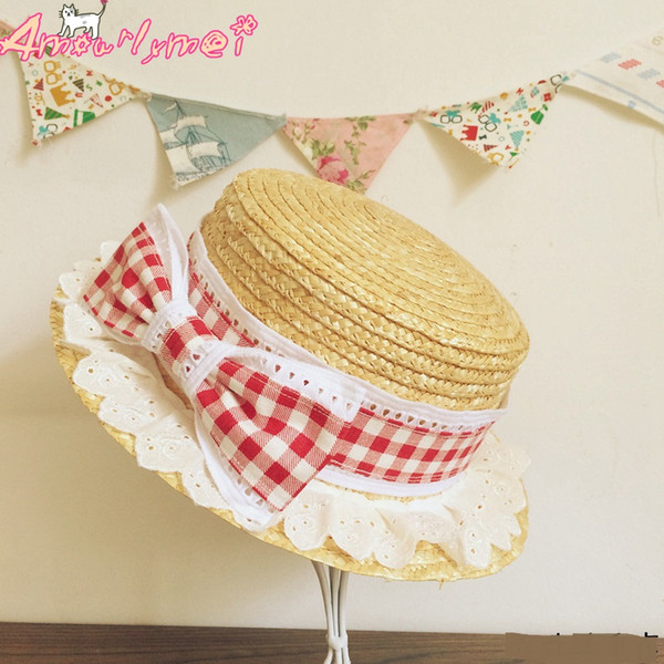 Cheap Sun Hats Hot Sale Flat Top Straw Hat Summer Women Girl Trip Caps Leisure Sun Hats Kawaii Lolita Red Plaid Bow