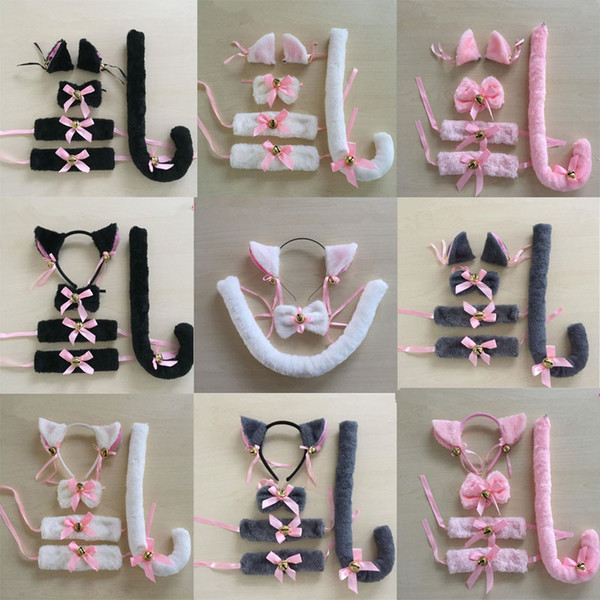 Women Girls Housemaid Cat Plush Ears Headband Bowtie Headwear Neckwear Wristband Tail Maid Anime Cosplay Costume Set Party Dress