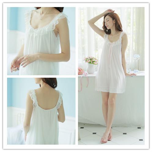 Ladies Spring Summer Retro Court Sexy V Collar Cotton Lace Sleeveles Princess Nightdress Vintage Nightwear Home Nightdress