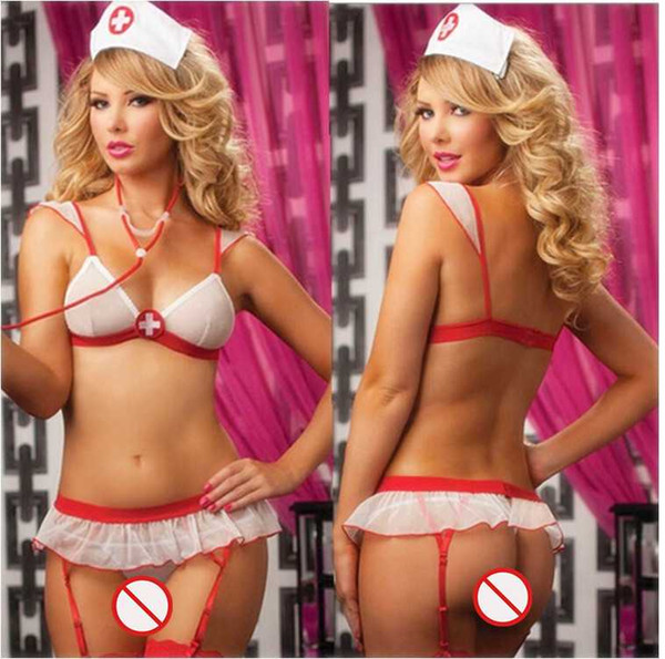 New sexy lingerie cosplay Halloween White Bikini Nets Backless Perspective Mesh Three Point Nurse Uniform Temptation Set