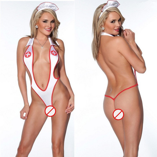 New sexy lingerie cosplay white sling straps deep V nurse temptation conjoined three-point suit pole dance hollow clothing paj