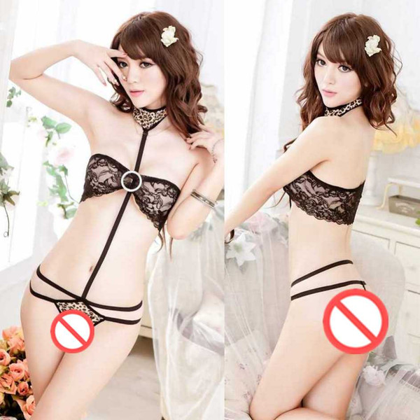 Free new sexy lingerie cosplay sexy lingerie lure lace female sexy perspective exposed milk three-point suit funny pajamas black