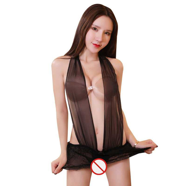 New sexy lingerie cosplay black hanging neck bud silk gauze perspective beach bikini temptation conjoined three-point suit