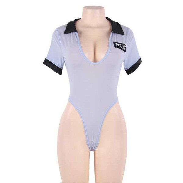 New sexy lingerie cosplay Uniform seductive emotional pajamas open file Siamese bikini policeman jumpsuit mesh perspective