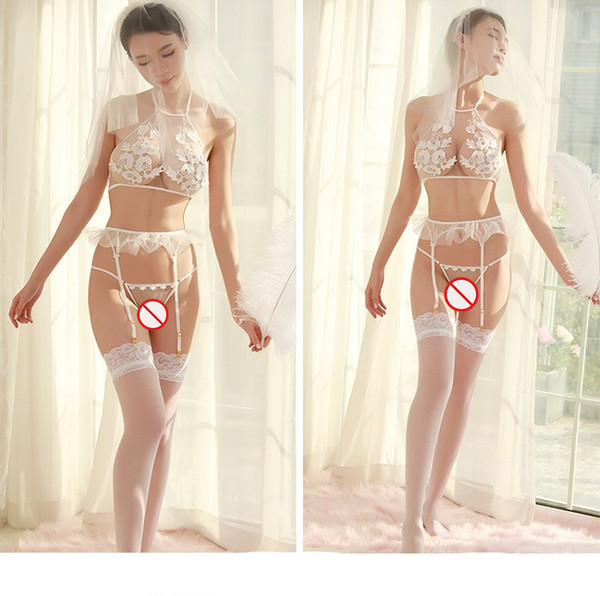 New sexy lingerie cosplay white transparent tulle sexy bride strap hanging neck set perspective bud silk yarn three-point gart