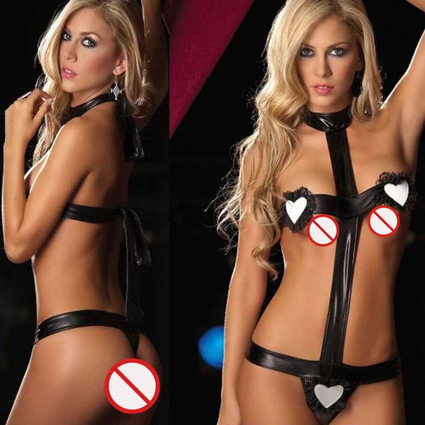 Free new sexy lingerie cosplay black temptation patent leather backless love bundled strap sexy piece steel dress underwear