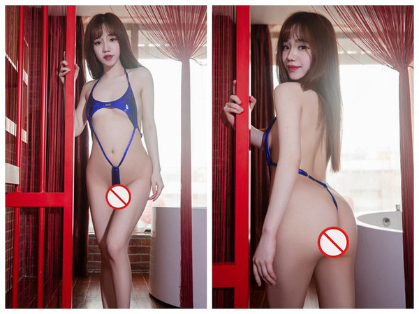 New sexy lingerie cosplay Blue purple patent leather pole dance costume Three-point bikini one-piece PU coating Siamese suit