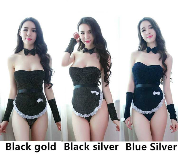 New sexy lingerie cosplay sexy lingerie cute shiny apron maid uniform nightclub roleplay suspenders maid conjoined multi-piece