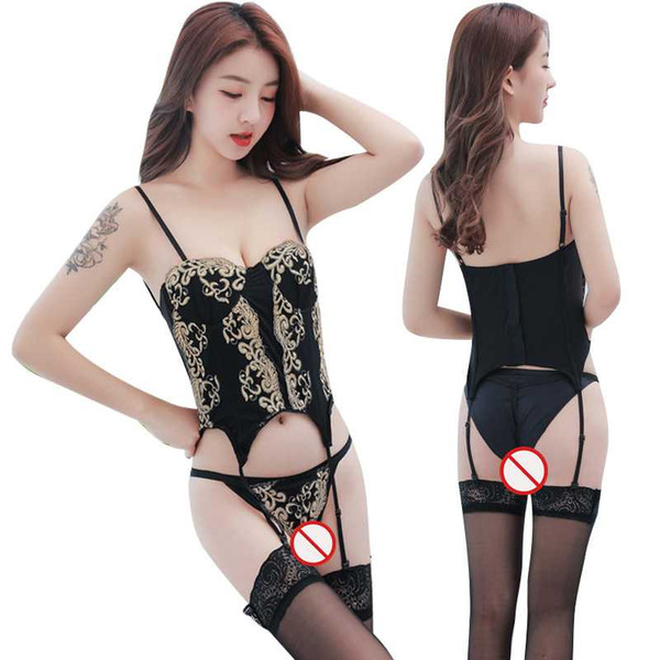 New sexy lingerie cosplay sexy garter stockings set black sling lace embroidered court body garter vest uniform suit