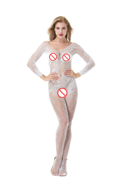 Fishnet Bodystocking Crotchless Bodysuit with Sleeves White Sexy Body Stockings Bodysuit Open Crotch Underwear Net Nightie Long Sleeves