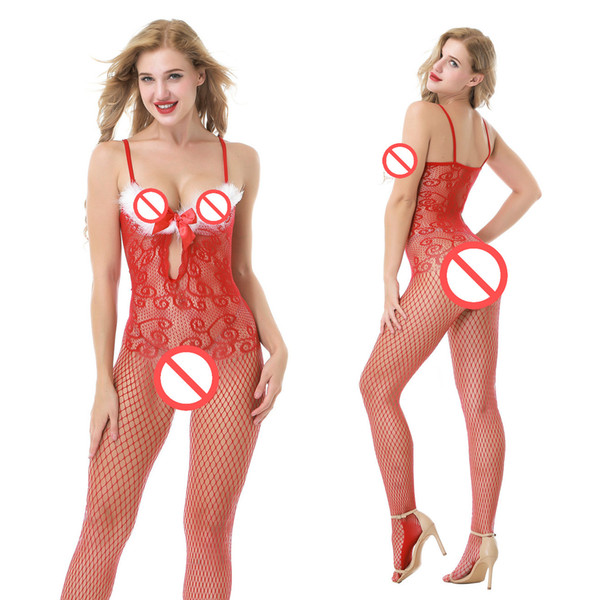 Red Sexy Bodystocking Sexi Costume with Feather Hand Tailored Fetish Bodysocks Sexi Chemise Lingerie Erotica Sexy Apparel Hollow out Pajamas