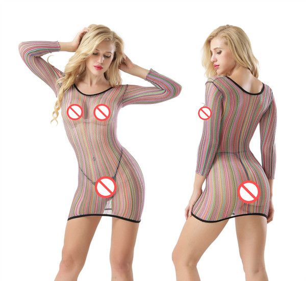 Exotic rainbow Sleepwear Babydoll 2017 sexy Women bedroom Lingerie long sleeve Sheer Stripe Fishnet Chemise zigzag pattern