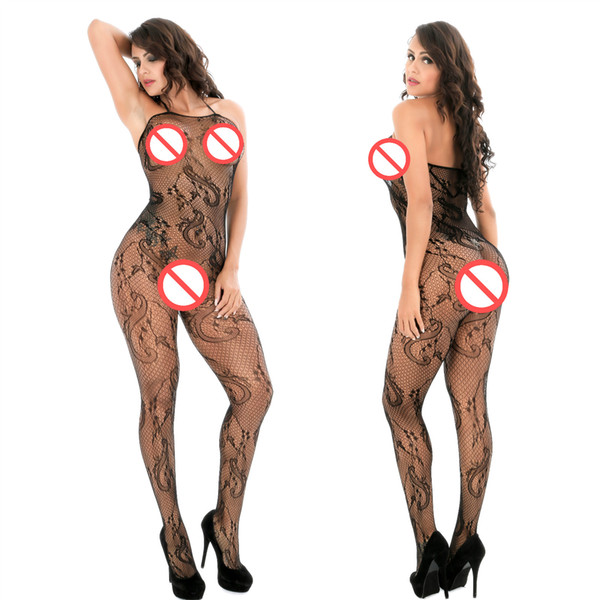 Black Dragon Pattern Print Open Crotch Sexy Lingerie Fishnet Hollow Out Lace Bodystocking Sexy Bodysuit Erotic Women's sex product costume